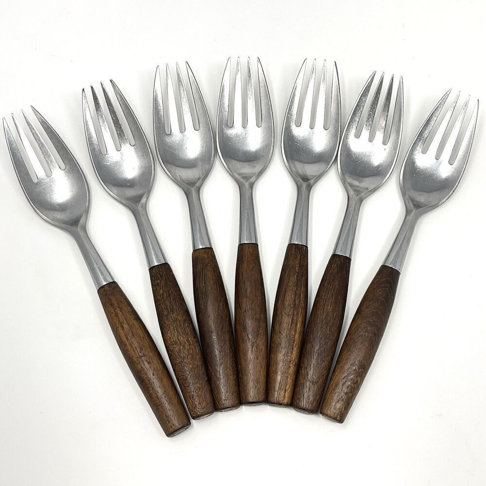 Dansk FJORD Dinner Forks Teak Handle Stainless Steel Germany 7 1/8” Set Of 7